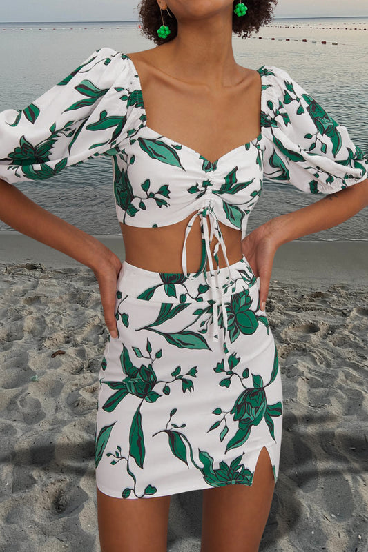 Green Sweetheart Neckline Ruched Blouse & Single Slit Skirt