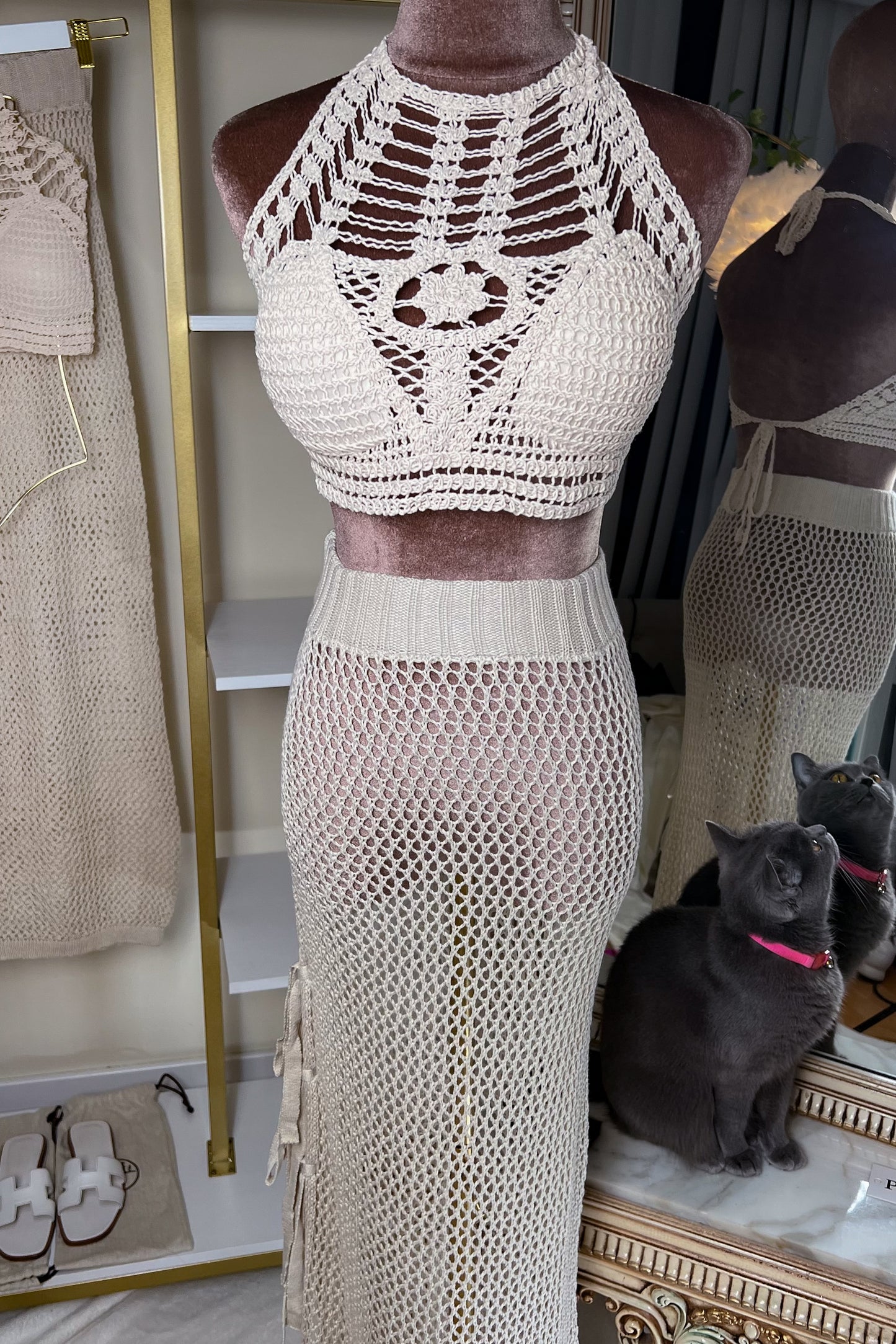 Beige Mesh Skirt and Top & Beige Bikini Cover up