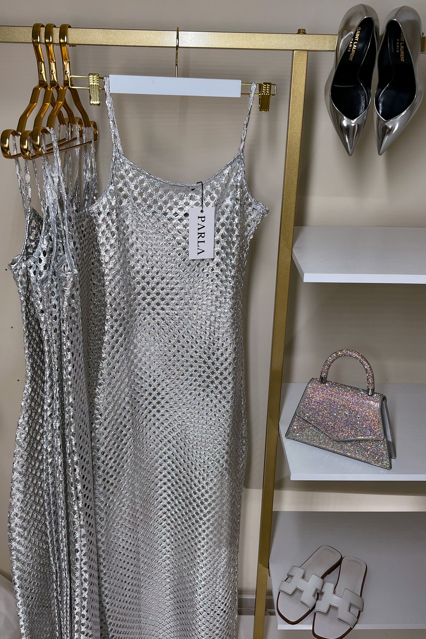 Silver Unlined Mesh Dress & Bikini Cover-Up