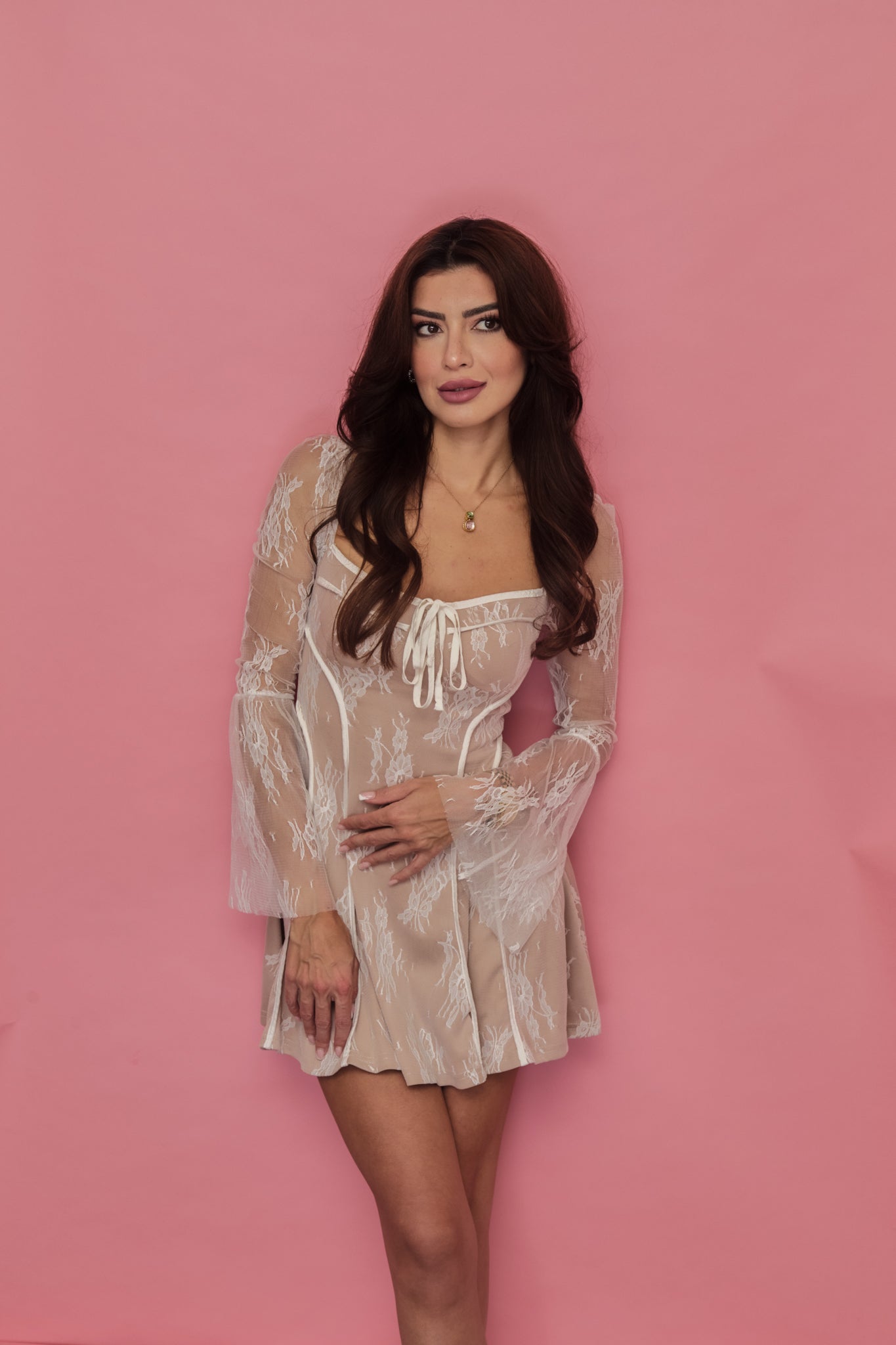 Paris Glow Square Collar Long Sleeve Mini Dress