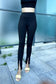 High Waisted Seam-Detail Slit Leg Legging - Black Stripe